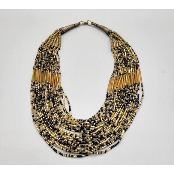 Multi-Strand Bib Necklace Glass Beads Gold Black Single Blue Bead - Picture 2 of 8